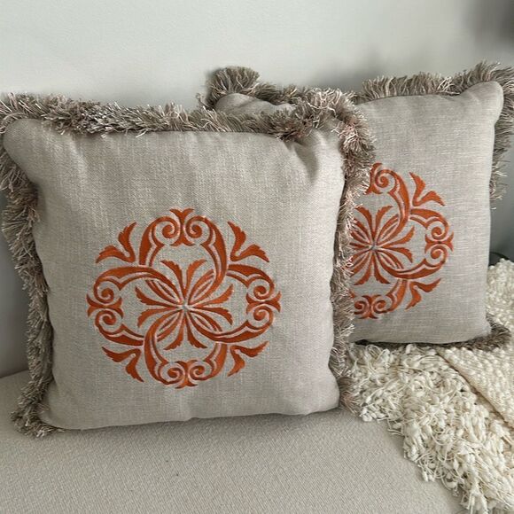 Custom-made Fringed Embroidered Decorative Accent Pillow’s (2) 22”x22” - Picture 1 of 5